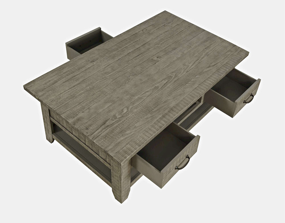 Jofran - Telluride Rustic Distressed Acacia 50in Coffee Table with Caster Wheels and Pull-Through Drawers, Driftwood Grey - 2230-11 view 9