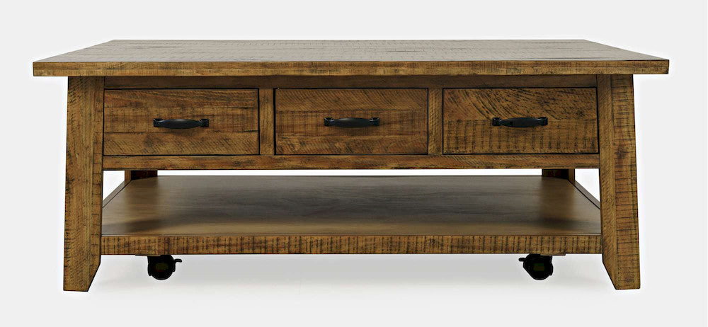 Jofran - Telluride Rustic Distressed Acacia 50in Coffee Table with Caster Wheels and Pull-Through Drawers, Gold - 1800-11 view 1
