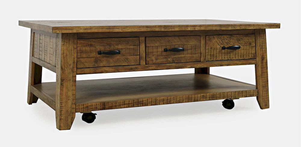Jofran - Telluride Rustic Distressed Acacia 50in Coffee Table with Caster Wheels and Pull-Through Drawers, Gold - 1800-11 view 2