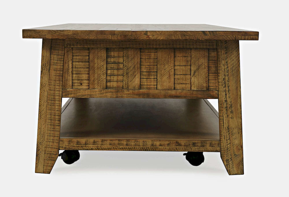 Jofran - Telluride Rustic Distressed Acacia 50in Coffee Table with Caster Wheels and Pull-Through Drawers, Gold - 1800-11 view 3
