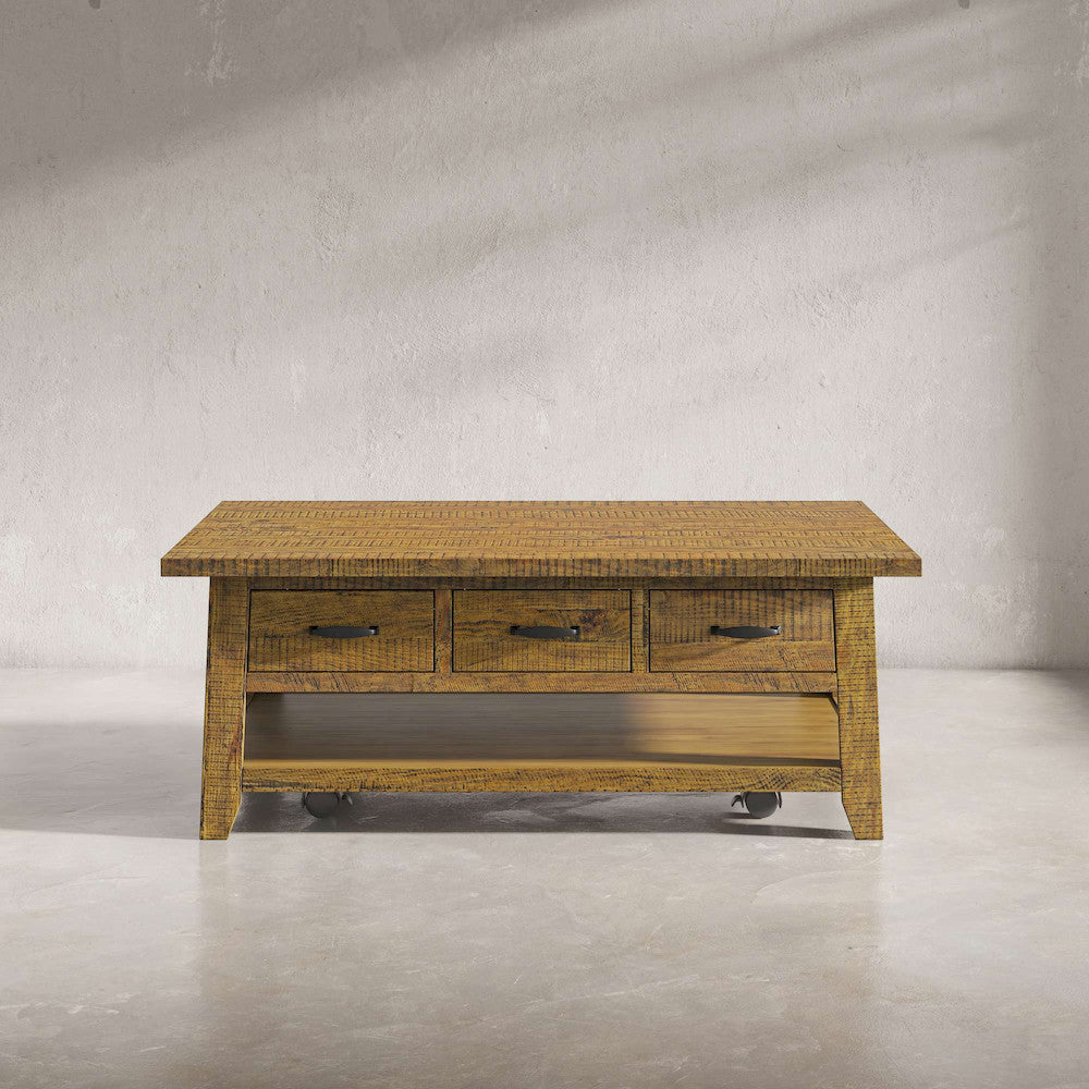 Jofran - Telluride Rustic Distressed Acacia 50in Coffee Table with Caster Wheels and Pull-Through Drawers, Gold - 1800-11 view 4