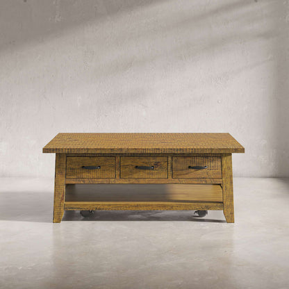 Jofran - Telluride Rustic Distressed Acacia 50in Coffee Table with Caster Wheels and Pull-Through Drawers, Gold - 1800-11 view 4