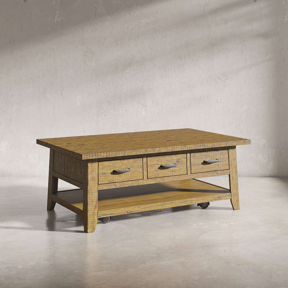 Jofran - Telluride Rustic Distressed Acacia 50in Coffee Table with Caster Wheels and Pull-Through Drawers, Gold - 1800-11 view 5