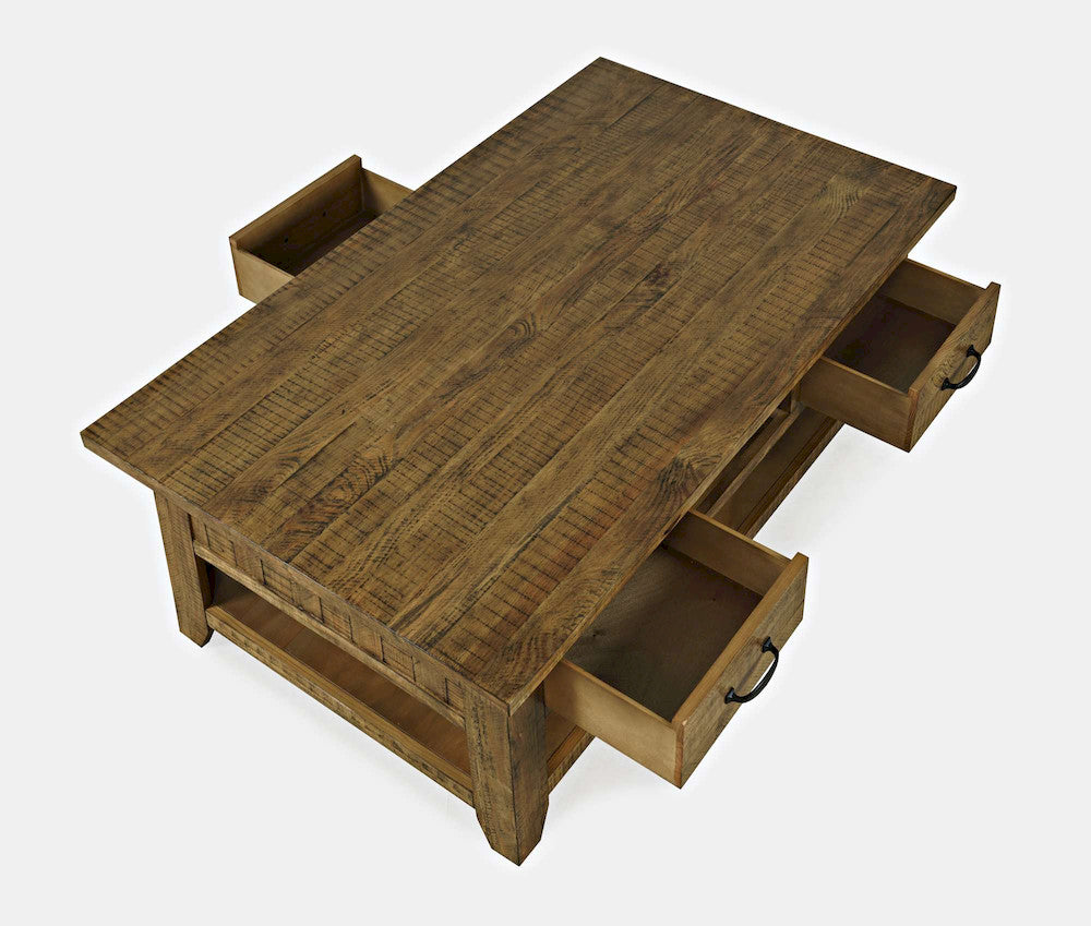 Jofran - Telluride Rustic Distressed Acacia 50in Coffee Table with Caster Wheels and Pull-Through Drawers, Gold - 1800-11 view 9