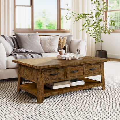 Jofran - Telluride Rustic Distressed Acacia 50in Coffee Table with Caster Wheels and Pull-Through Drawers, Gold - 1800-11 view 11