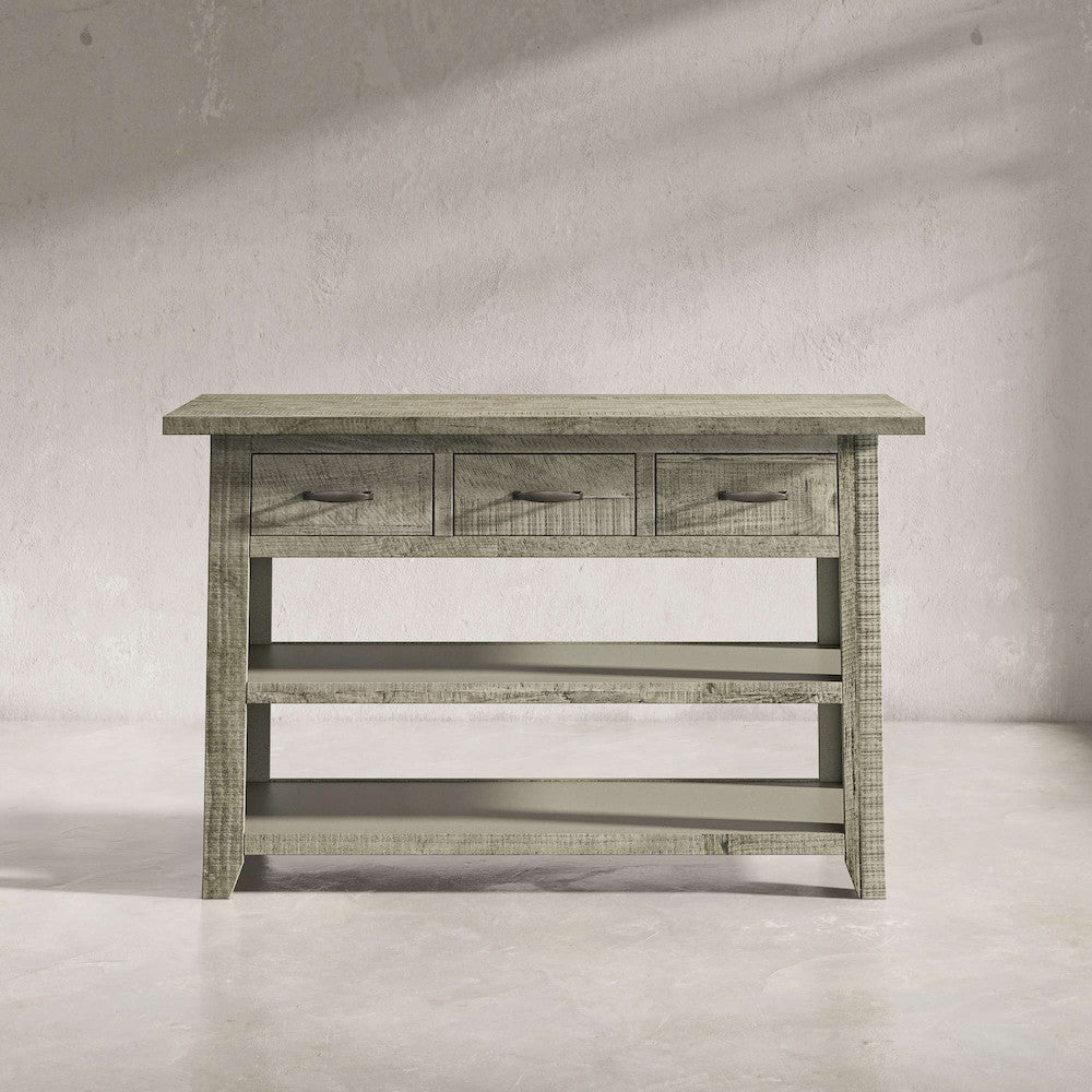 Jofran - Telluride Rustic Distressed Acacia 50in Sofa Table with Drawers and Two Shelves, Driftwood Grey - 2230-14 view 4
