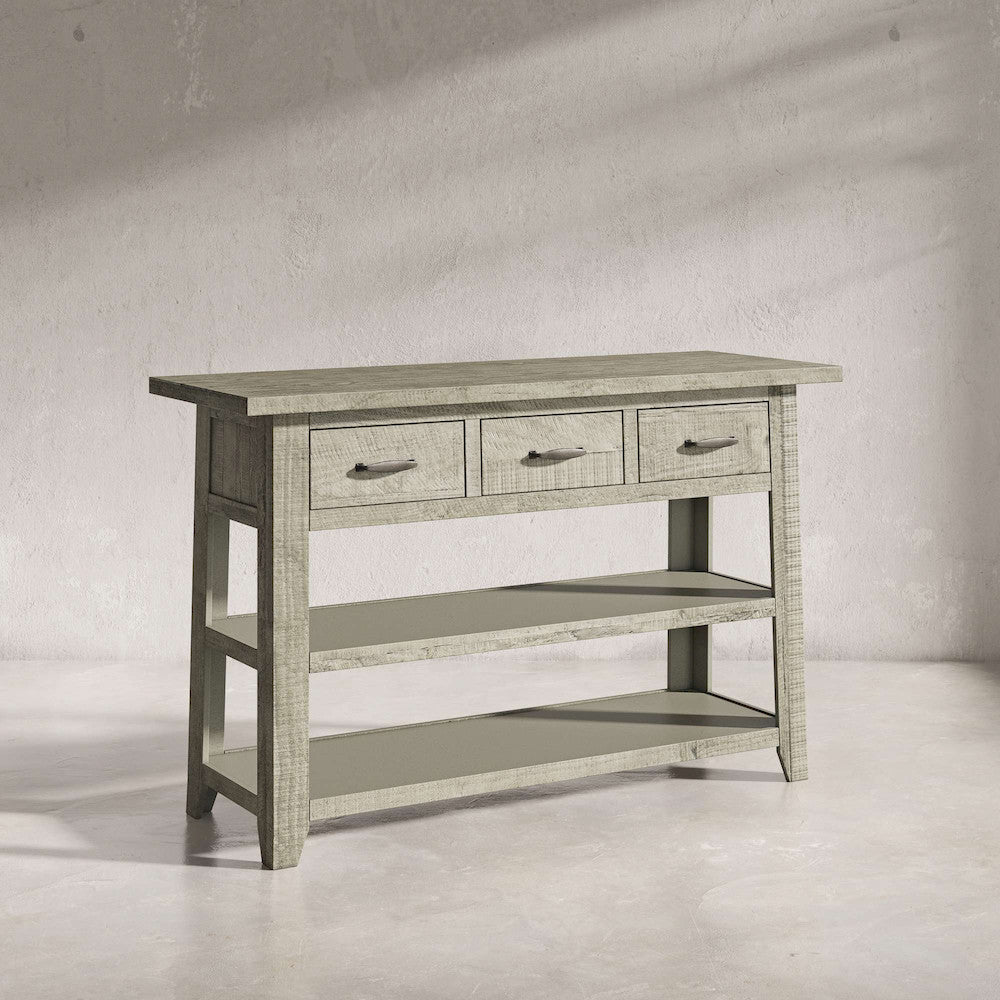 Jofran - Telluride Rustic Distressed Acacia 50in Sofa Table with Drawers and Two Shelves, Driftwood Grey - 2230-14 view 5
