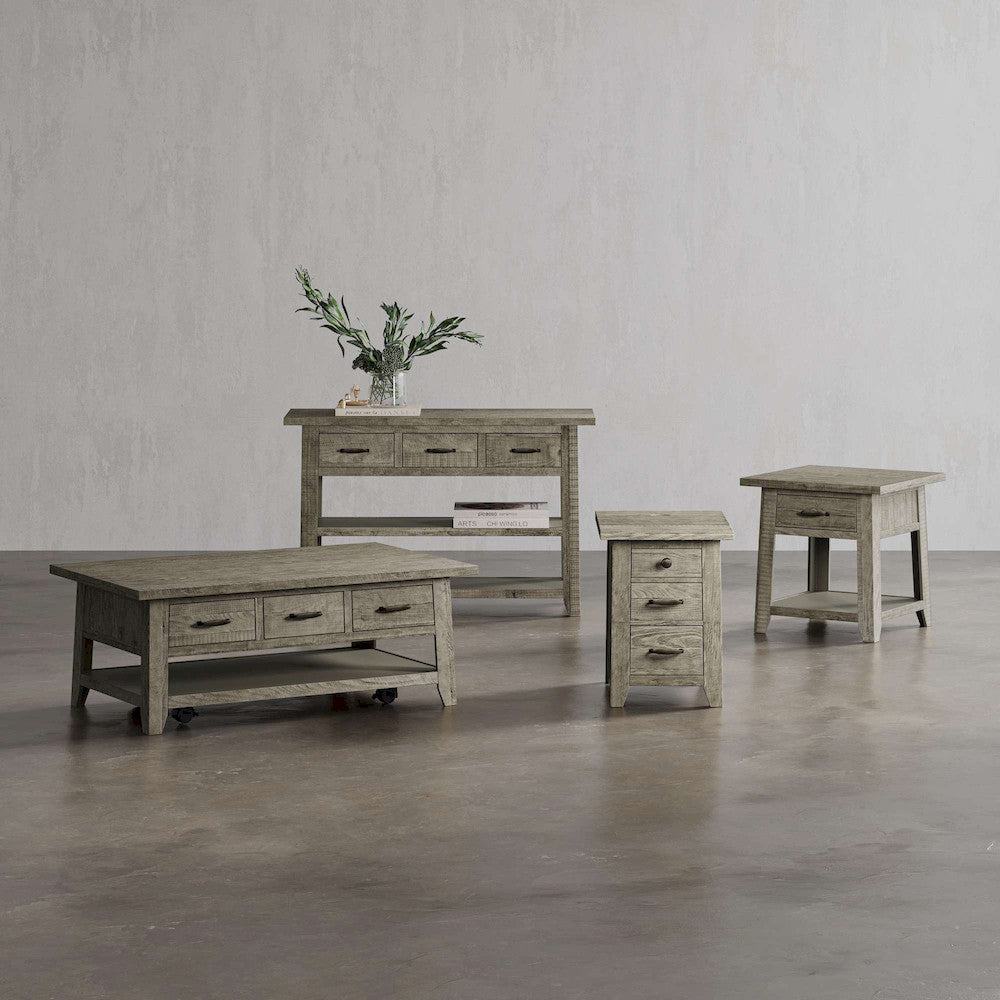 Jofran - Telluride Rustic Distressed Acacia 50in Sofa Table with Drawers and Two Shelves, Driftwood Grey - 2230-14 view 6