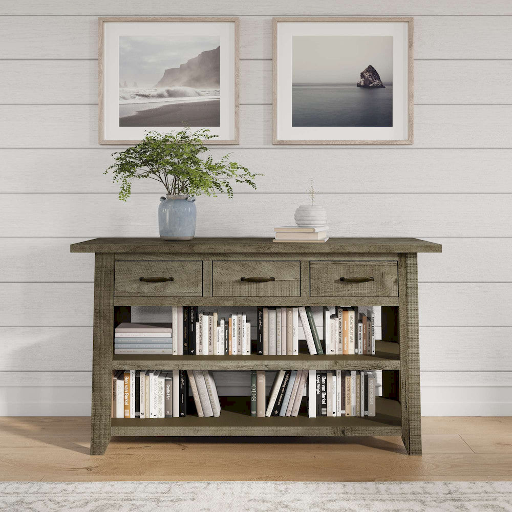 Jofran - Telluride Rustic Distressed Acacia 50in Sofa Table with Drawers and Two Shelves, Driftwood Grey - 2230-14 view 10
