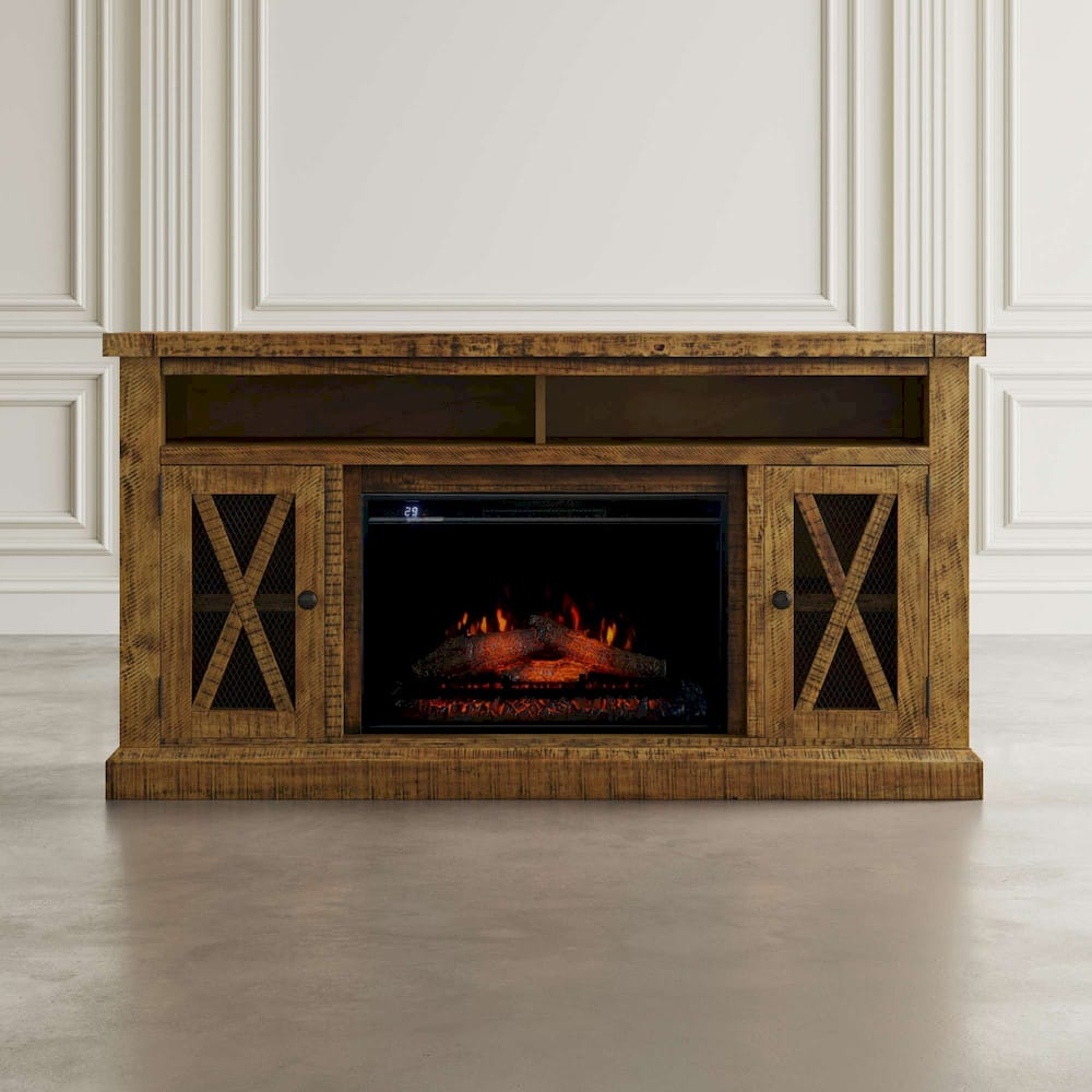 Jofran - Telluride Rustic Solid Pine 60in Storage Console TV Stand with Electric Fireplace, Gold - 1800-FP6032 view 4
