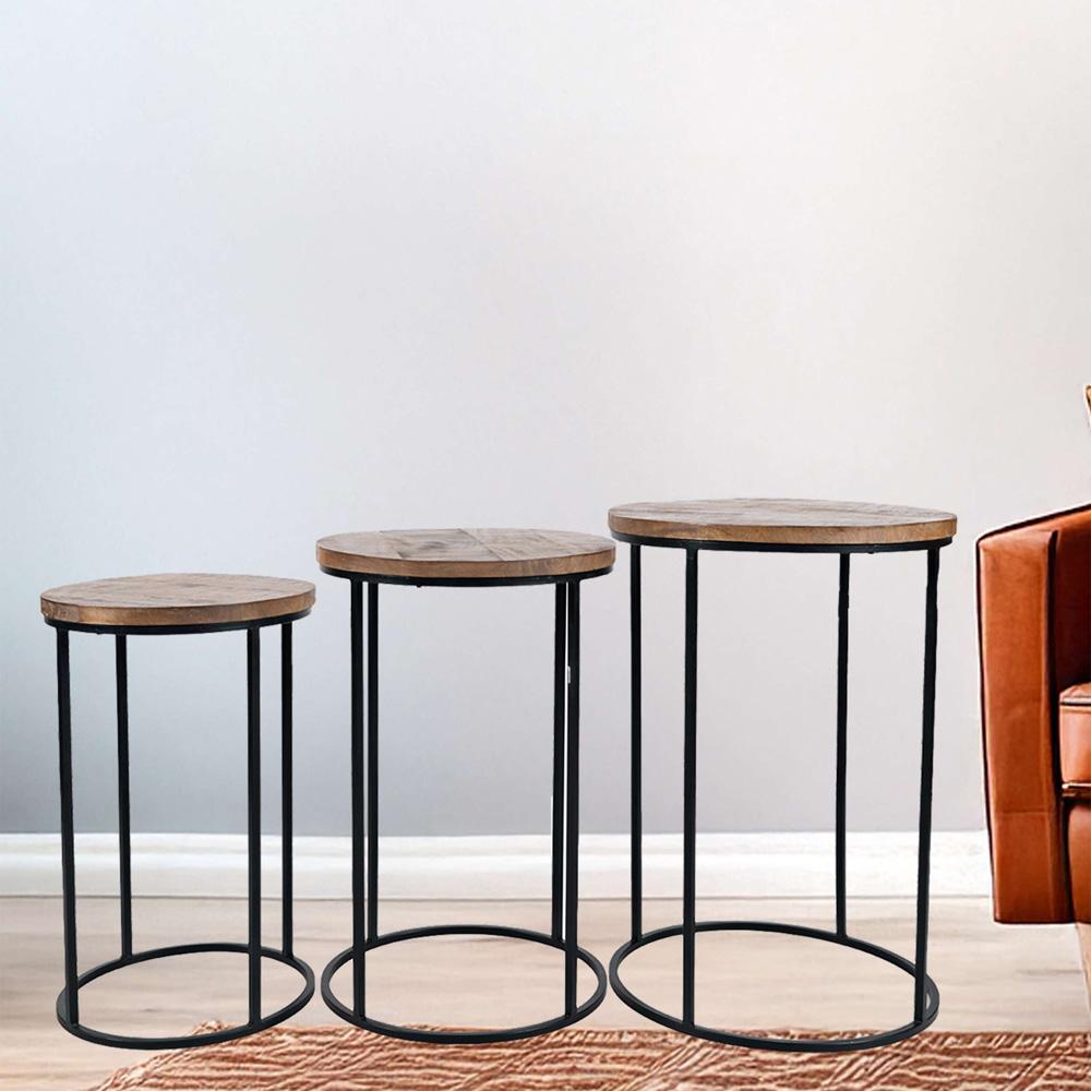 Jofran - Warner Round Modern Rustic Solid Wood and Metal Nesting End Tables - Set of 3 in Rustic Brown - 2330-WARNERAM veiw 6
