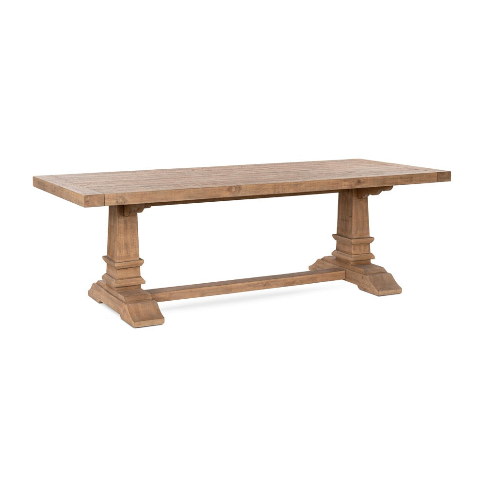 Reclaimed pine wood dining table on a plain white background.