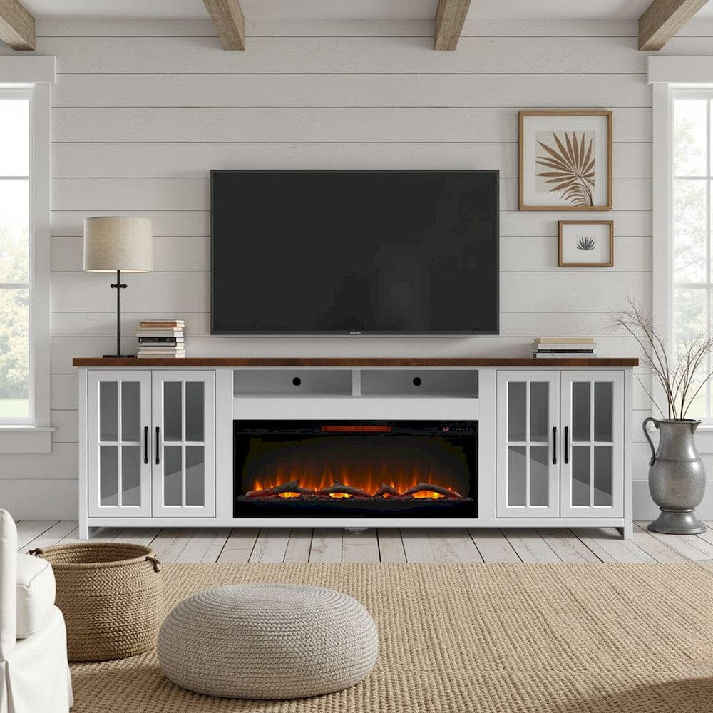 Bridgevine Home - 97 in. Whitewash and Barnwood Brown Finish Solid Wood Fireplace TV Stand - HT5410.BJW view 8