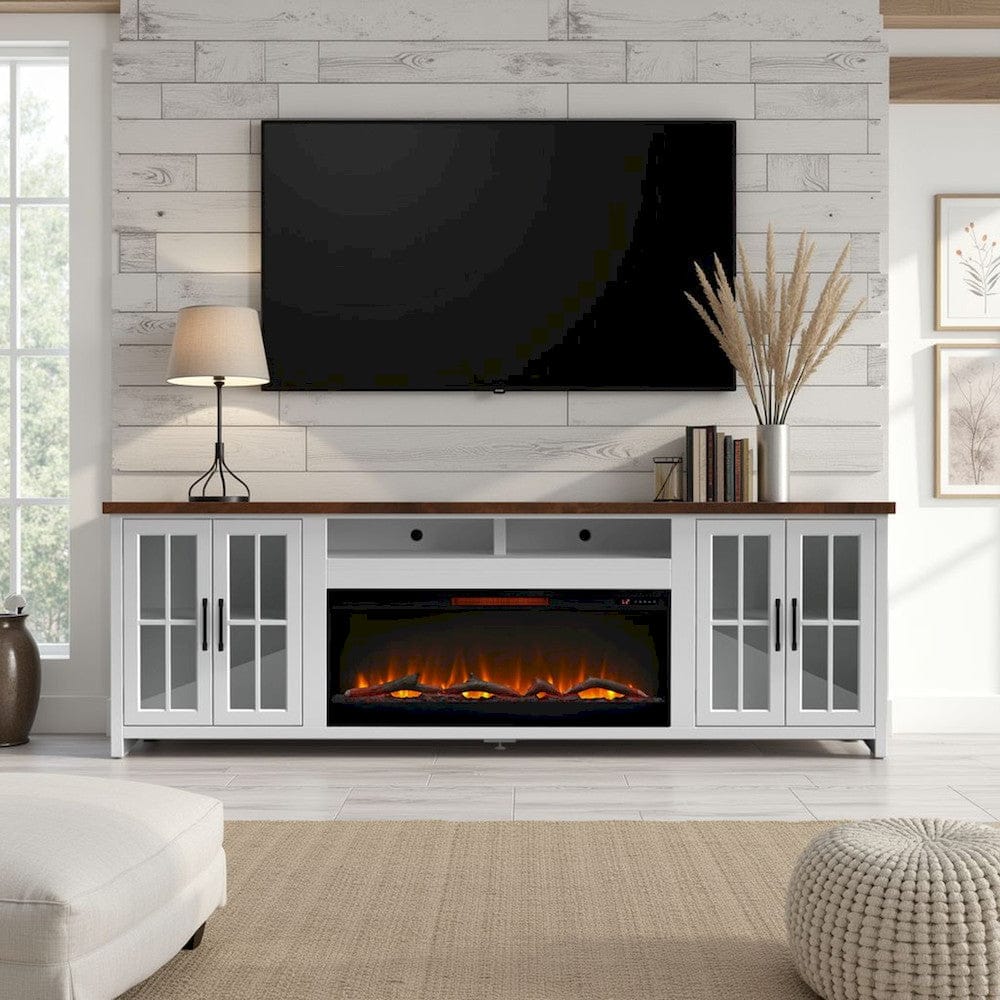 Bridgevine Home - 97 in. Whitewash and Barnwood Brown Finish Solid Wood Fireplace TV Stand - HT5410.BJW view 9