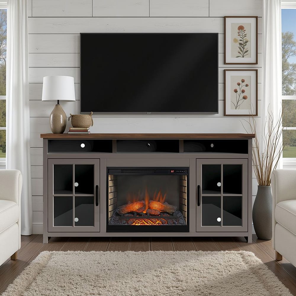 Legends Furniture - Bridgevine Home Avalon 74 inch Fireplace TV Stand Console for TVs up to 85 inc, Sandstone and Whiskey Finish - AN5110E.SSW view 4