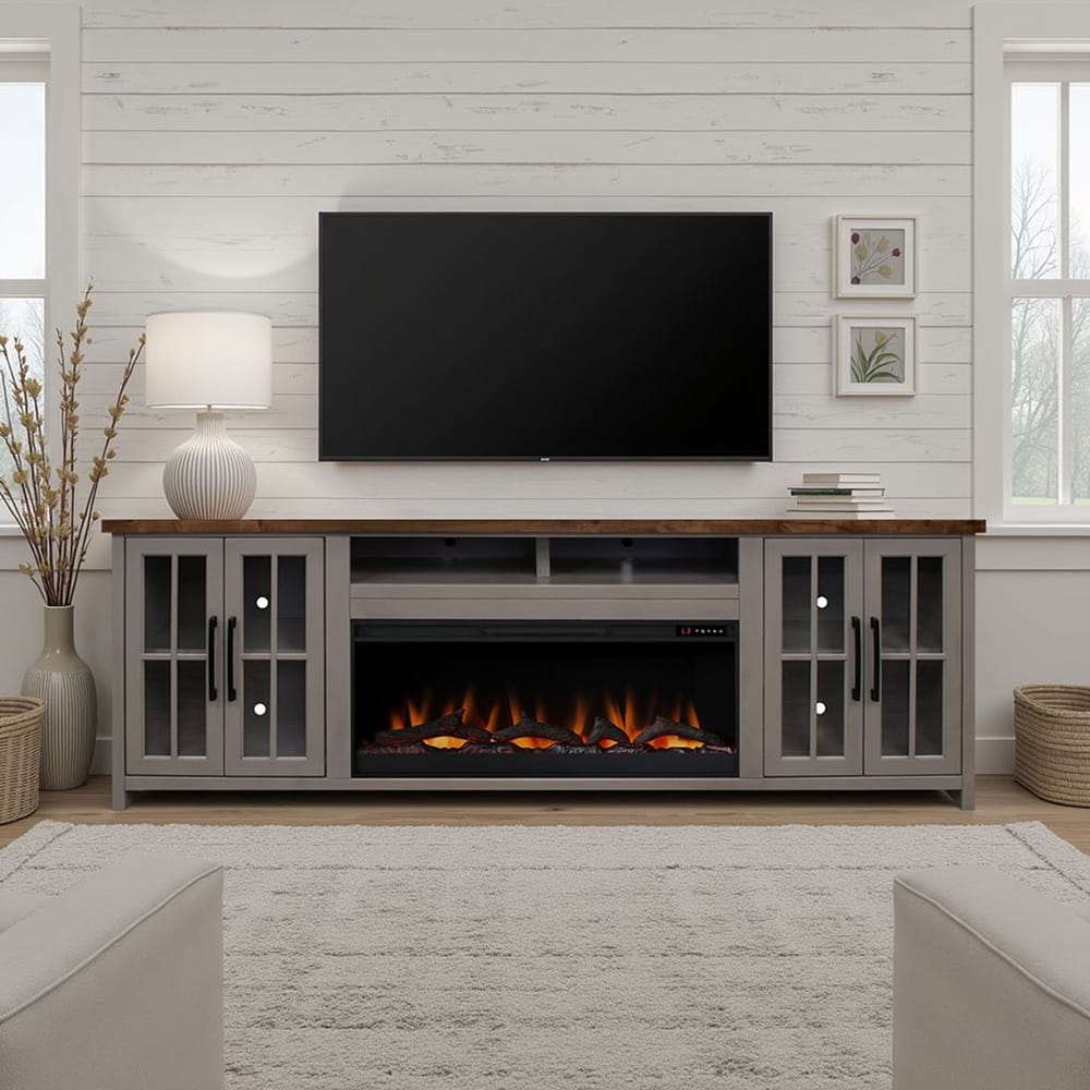Legends Furniture - Bridgevine Home Avalon 97 inch Fireplace TV Stand Console for TVs up to 100 inc, Sandstone and Whiskey Finish - AN5410E.SSW view 6