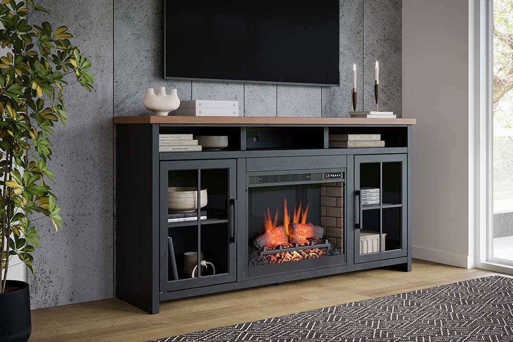 Legends Furniture - Bridgevine Home Essex 74 inch Fireplace TV Stand Console for TVs up to 85 inches, Black and Whiskey Finish - ES5110.SWK veiw 1