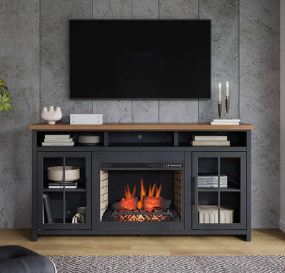 Legends Furniture - Bridgevine Home Essex 74 inch Fireplace TV Stand Console for TVs up to 85 inches, Black and Whiskey Finish - ES5110.SWK veiw 2