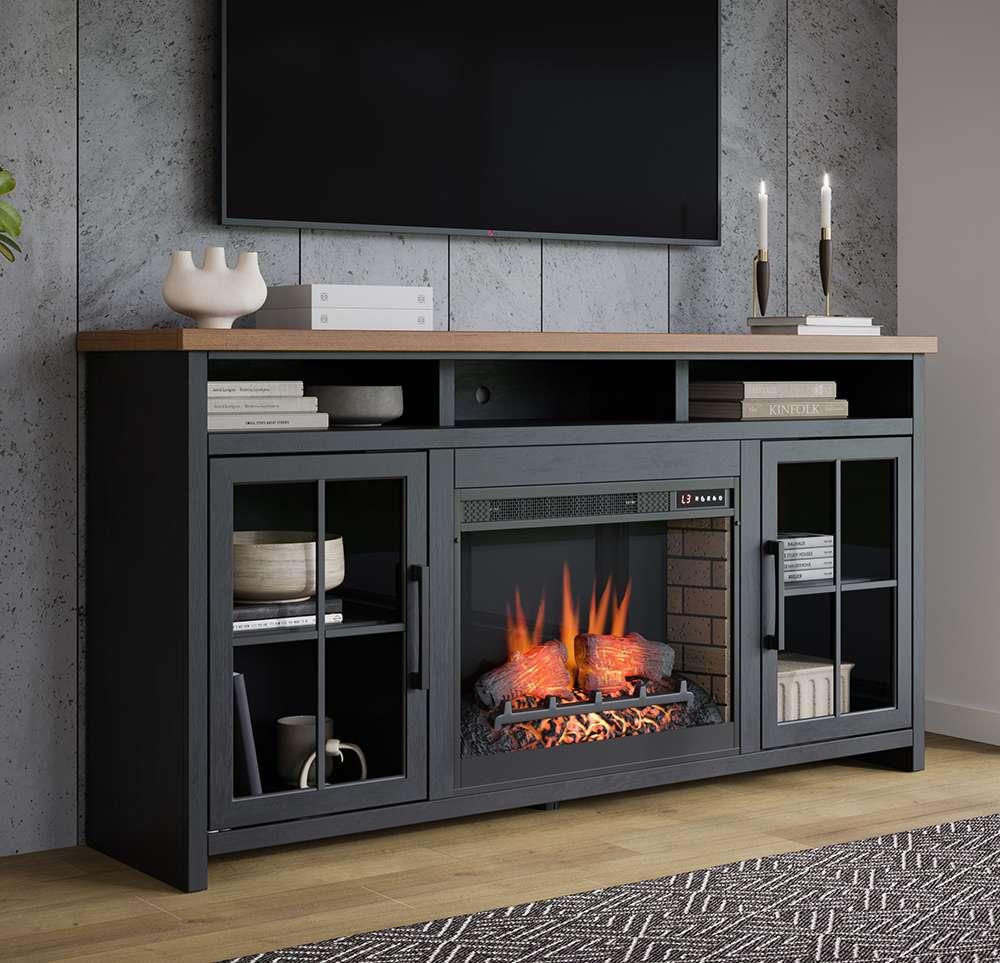 Legends Furniture - Bridgevine Home Essex 74 inch Fireplace TV Stand Console for TVs up to 85 inches, Black and Whiskey Finish - ES5110.SWK veiw 3