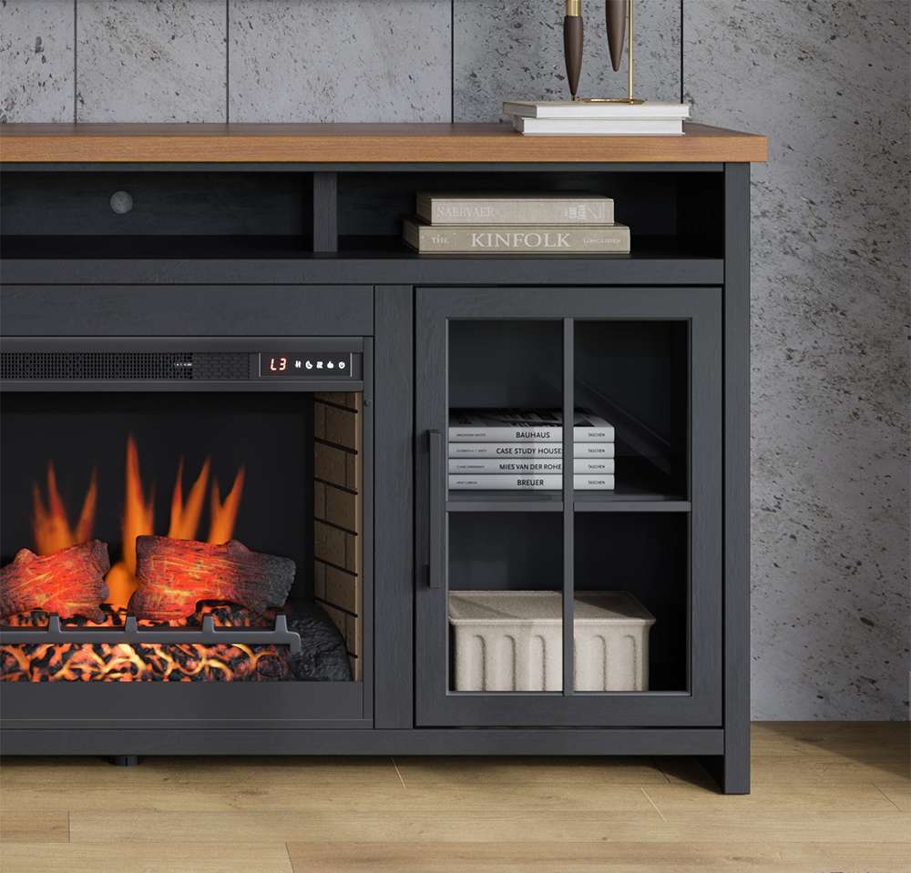 Legends Furniture - Bridgevine Home Essex 74 inch Fireplace TV Stand Console for TVs up to 85 inches, Black and Whiskey Finish - ES5110.SWK veiw 6