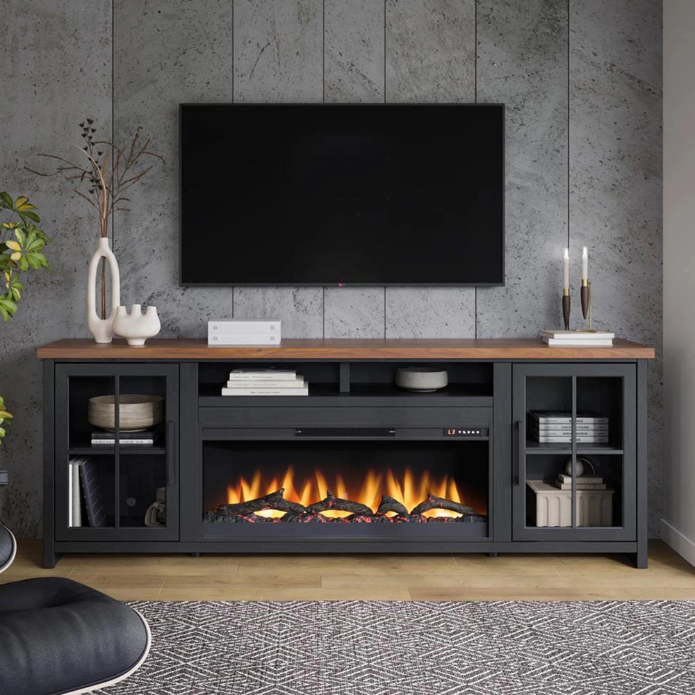 Bridgevine Home - Essex 97 inch Fireplace TV Stand Console for TVs up to 100 inches, Black and Whiskey Finish - ES5410.SWK