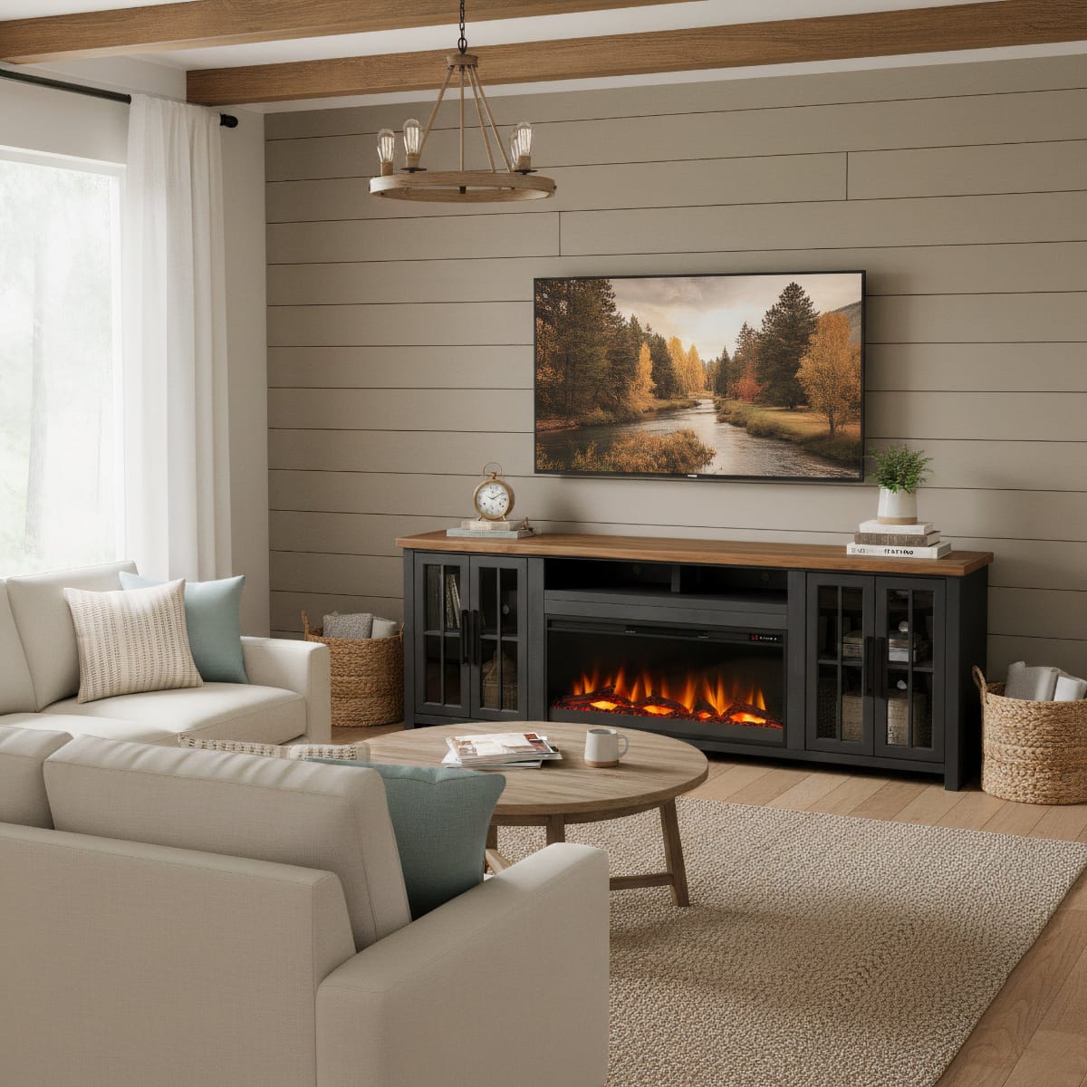 Legends Furniture - Bridgevine Home Essex 97 inch Fireplace TV Stand Console for TVs up to 100 inches, Black and Whiskey Finish - ES5410.SWK view  7