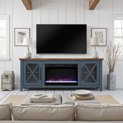 Legends Furniture - Bridgevine Home Ithaca 66 inch Fireplace TV Stand, For TVs up to 80 inc, Blue and Bourbon Finish - IT5210E.BBR view 6