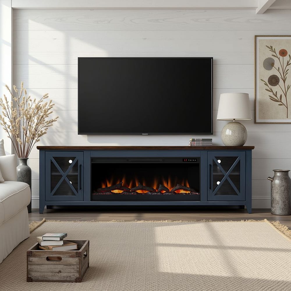 Legends Furniture - Bridgevine Home Ithaca 83 inch Fireplace TV Stand, For TVs up to 95 inc, Blue and Bourbon Finish - IT5410E.BBR view 5