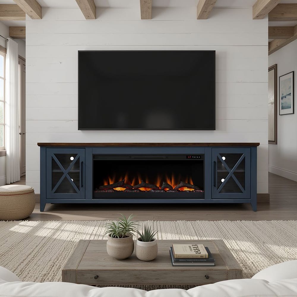 Legends Furniture - Bridgevine Home Ithaca 83 inch Fireplace TV Stand, For TVs up to 95 inc, Blue and Bourbon Finish - IT5410E.BBR view 6
