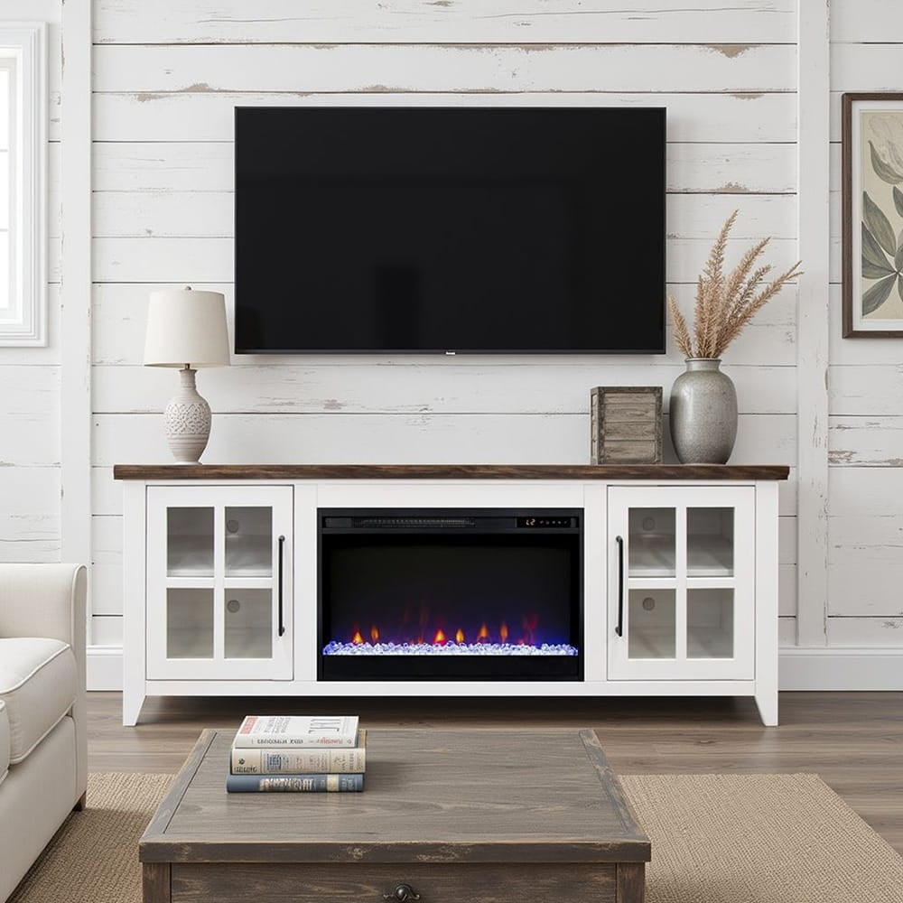 Legends Furniture - Bridgevine Home Providence 66 inch Fireplace TV Stand, For TVs up to 80 inc, White and Bourbon Finish - PD5210E.WBR view 5