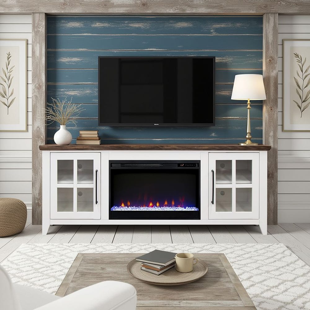Legends Furniture - Bridgevine Home Providence 66 inch Fireplace TV Stand, For TVs up to 80 inc, White and Bourbon Finish - PD5210E.WBR view 6