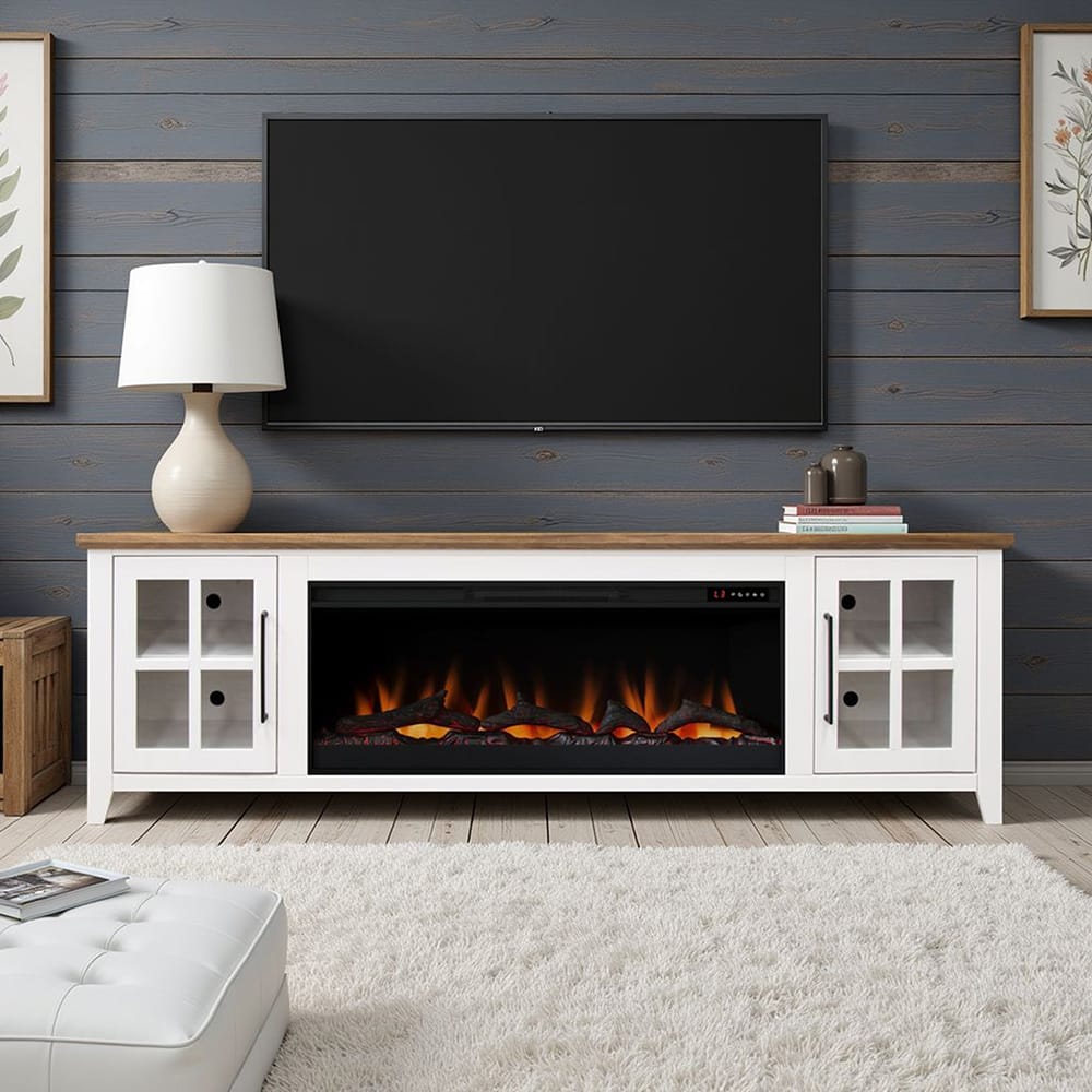 Legends Furniture - Bridgevine Home Providence 83 inch Fireplace TV Stand, For TVs up to 95 inc, White and Bourbon Finish - PD5410E.WBR view 5