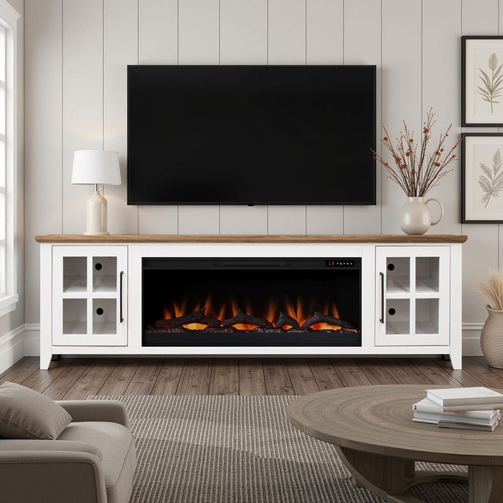 Legends Furniture - Bridgevine Home Providence 83 inch Fireplace TV Stand, For TVs up to 95 inc, White and Bourbon Finish - PD5410E.WBR view 6