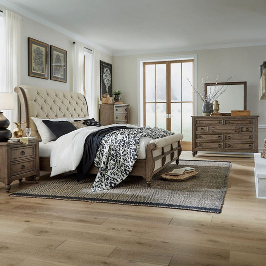 Liberty Furniture - Americana Farmhouse - King California Sleigh Bed, Dresser & Mirror, Chest, Night Stand in Brown - 615-BR-KCSDMCN view 1