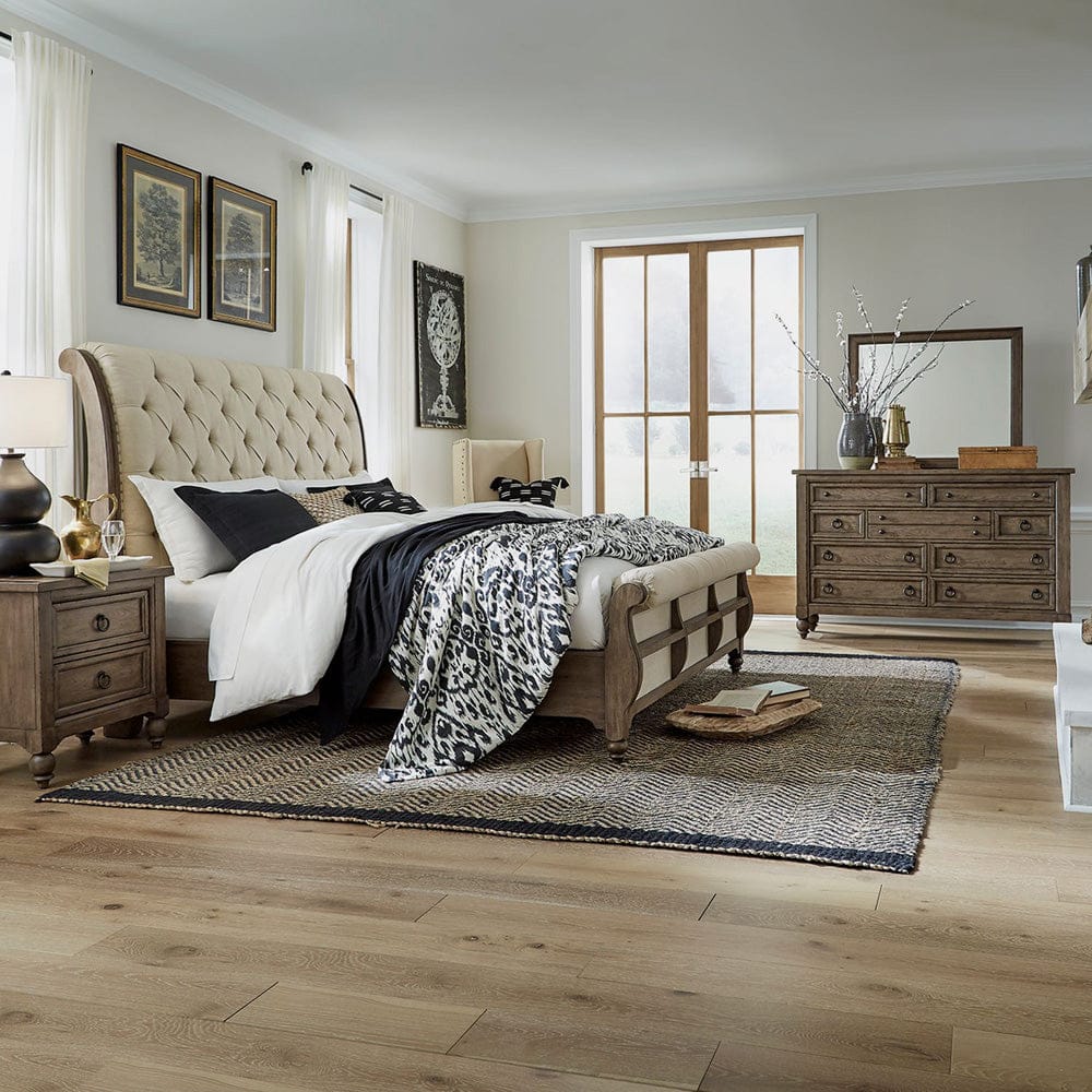 Liberty Furniture - Americana Farmhouse - King California Sleigh Bed, Dresser & Mirror, Night Stand in Brown - 615-BR-KCSDMN view 1