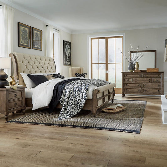 Liberty Furniture - Americana Farmhouse - King California Sleigh Bed, Dresser & Mirror, Night Stand in Brown - 615-BR-KCSDMN view 1