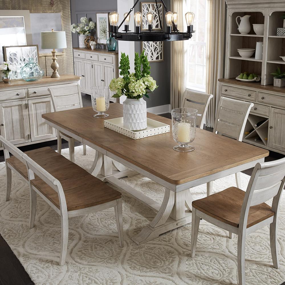 Liberty Furniture - Farmhouse Reimagined 6 Piece Trestle Set  in Antique White w/ Chestnut Tops - 652-DR-6TRES veiw 1