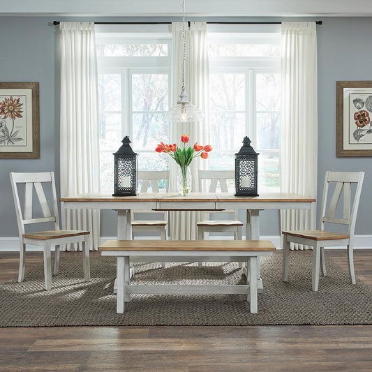 Liberty Furniture - Lindsey Farm 6 Piece Trestle Table Set  in Weathered White & Sandstone - 62WH-CD-6TRS veiw 1