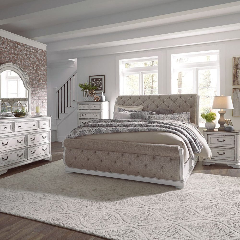 Liberty Furniture - Magnolia Manor - King California Upholstered Sleigh Bed, Dresser & Mirror, Chest, Night Stand in White - 244-BR-CKUSLDMCN view 1
