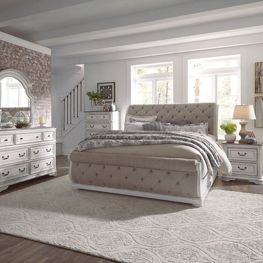 Liberty Furniture - Magnolia Manor - King California Upholstered Sleigh Bed, Dresser & Mirror, Chest, Night Stand in White - 244-BR-CKUSLDMCN view 1