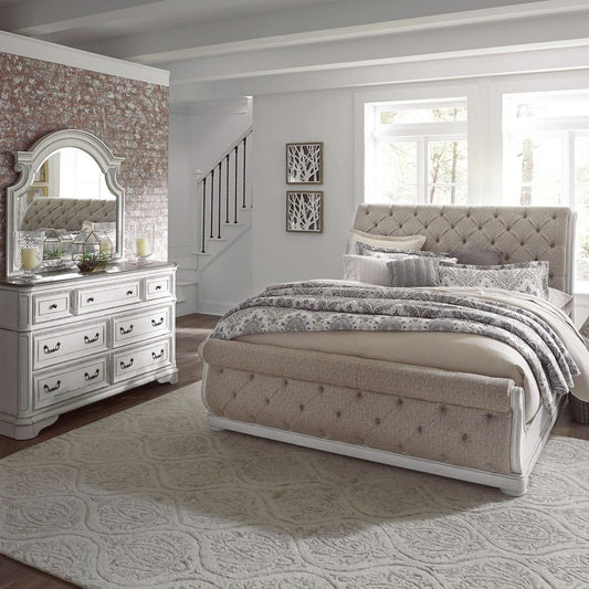 Liberty Furniture - Magnolia Manor - King California Upholstered Sleigh Bed, Dresser & Mirror in White - 244-BR-CKUSLDM view 1