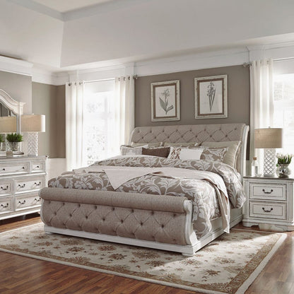 Liberty Furniture - Magnolia Manor - King California Upholstered Sleigh Bed, Dresser & Mirror, Night Stand in White - 244-BR-CKUSLDMN view 1