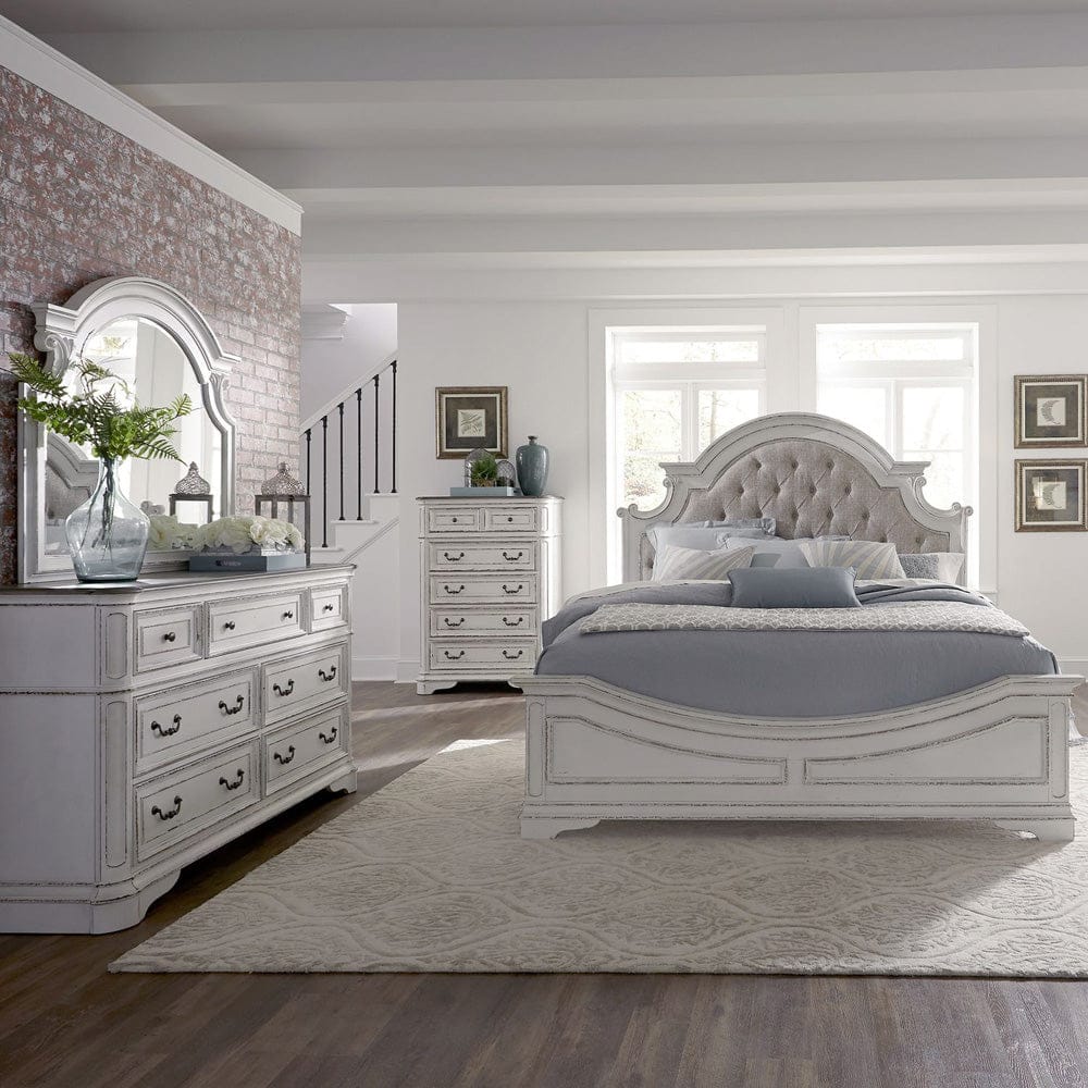 Liberty Furniture - Magnolia Manor - King Uph Bed, Dresser & Mirror, Chest in White - 244-BR-KUBDMC view 1