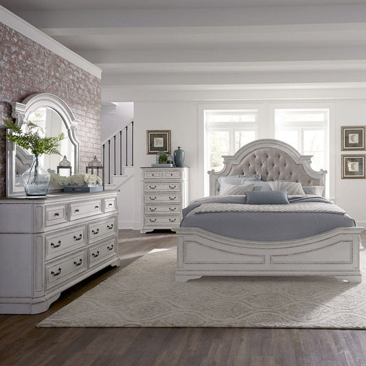 Liberty Furniture - Magnolia Manor - King Uph Bed, Dresser & Mirror, Chest in White - 244-BR-KUBDMC view 1