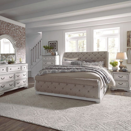 Liberty Furniture - Magnolia Manor - King Uph Sleigh Bed, Dresser & Mirror, Chest, Night Stand in White - 244-BR-KUSLDMCN view 1
