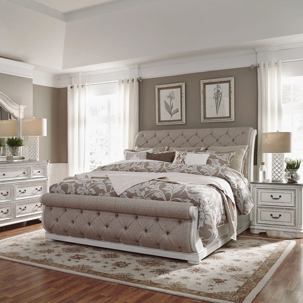 Liberty Furniture - Magnolia Manor - King Uph Sleigh Bed, Dresser & Mirror, Night Stand in White - 244-BR-KUSLDMN view 1