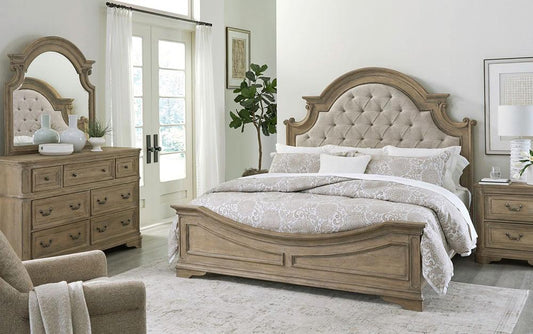 Liberty Furniture - Magnolia Manor Queen Uph Bed, Dresser & Mirror, Night Stand  in Weathered Bisque - 244N-BR-QUBDMN veiw 1
