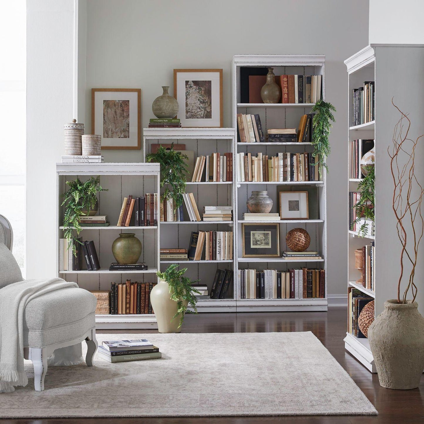 Liberty Furniture - Magnolia Manor Stepped Bookcase Wall  in Antique White & Weathered Bark - 244-HOJ-SBW veiw 2
