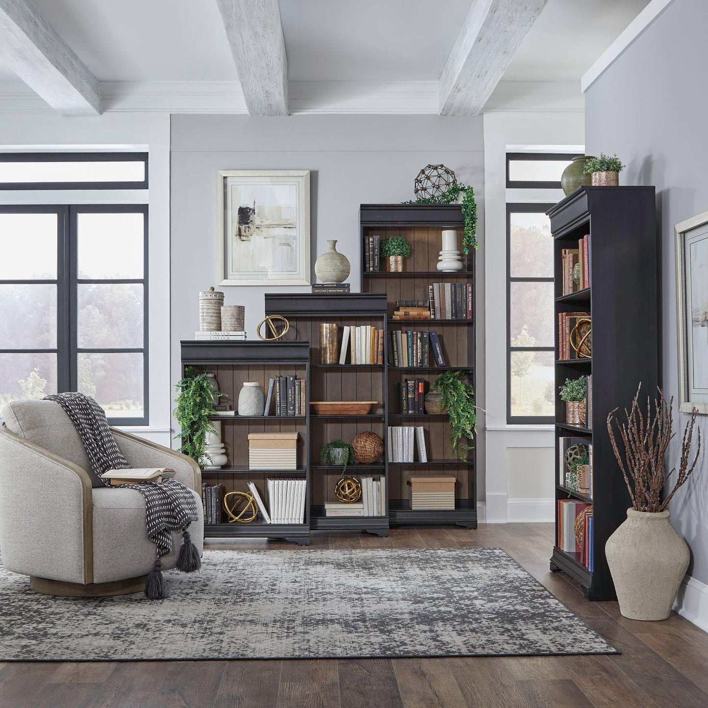 Liberty Furniture - Meritage Stepped Bookcase Wall  in Aged Charcoal w/ Rub Thru & Caramel - 532-HO-SBW veiw 2