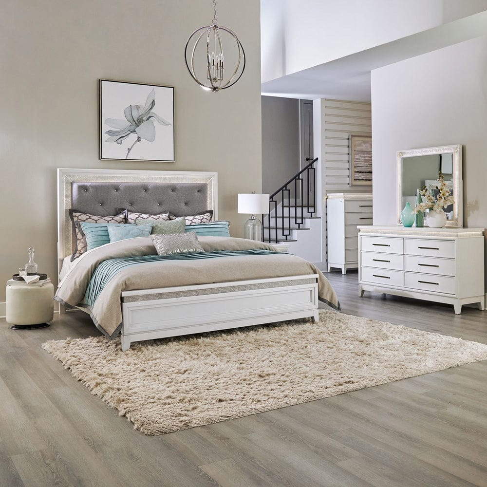Liberty Furniture - Reflections - King Uph Bed, Dresser & Mirror, Chest in White - 781-BR-KUBDMC view 1